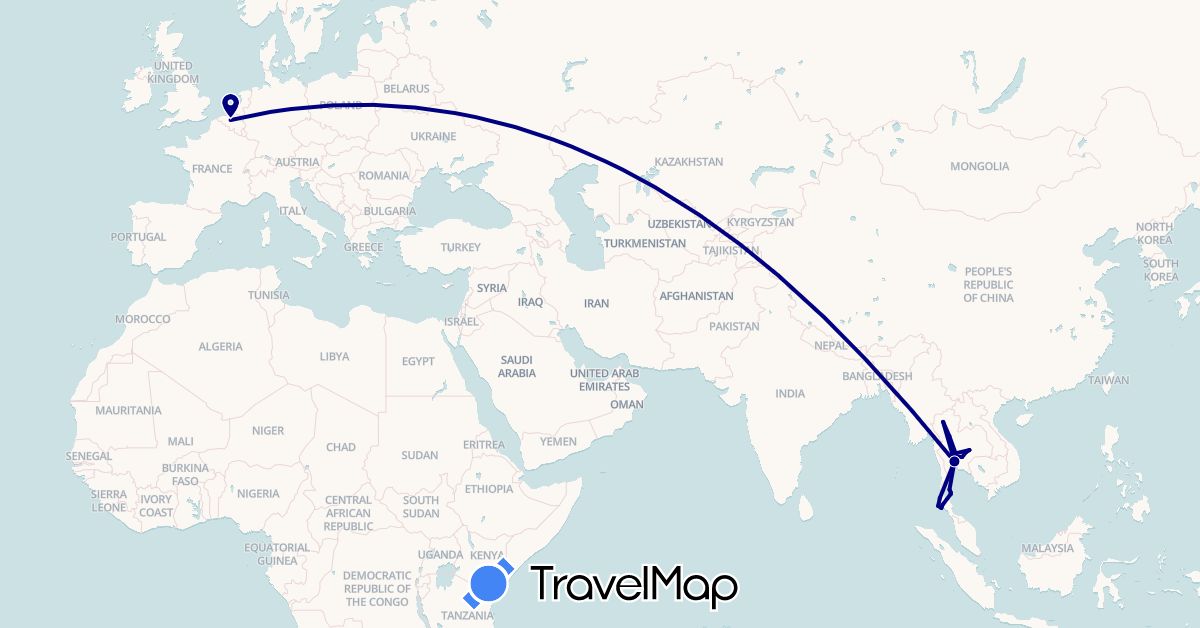 TravelMap itinerary: driving in Belgium, Thailand (Asia, Europe)